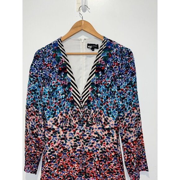 Saloni Eve Striped Rainbow Floral Print Puff Sleeve Button Front Mini Dress 6 - Picture 4 of 11